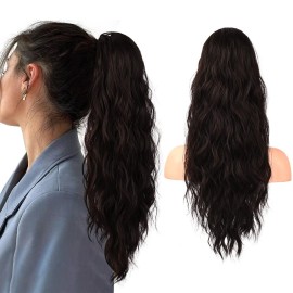 Flufymooz Ponytail Extension, 22 Inch Drawstring Ponytail Hair Extensions for Women Long Curly Wavy Pony Tail Natural Wavy Synthetic Hairpiece for Women Daily Use party (22 Inch Black Brown)