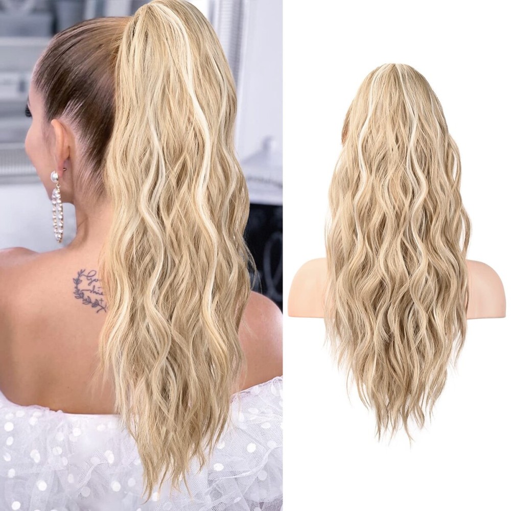 FLUFYMOOZ Ponytail Extension, 22 Inch Drawstring Ponytail Hair Extensions for Women Long Curly Wavy Ponytail Natural Synthetic Hairpiece for Women (22 Inch Blonde with Blonde Highlights)