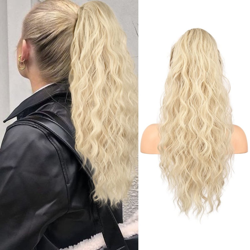 Flufymooz Ponytail Extension, 22 Inch Drawstring Ponytail Hair Extensions for Women Long Curly Wavy Pony Tail Natural Wavy Synthetic Hairpiece for Women Daily Use party (22 Inch Cool Blonde)