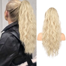 Flufymooz Ponytail Extension, 22 Inch Drawstring Ponytail Hair Extensions for Women Long Curly Wavy Pony Tail Natural Wavy Synthetic Hairpiece for Women Daily Use party (22 Inch Cool Blonde)