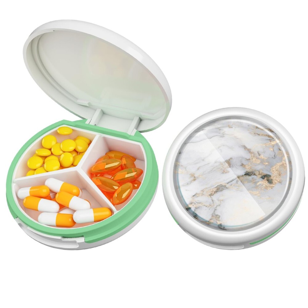 Serfeymi Small Pill Box - 3 Compartments Portable Pill Box for Purse Pocket, Compact Mini Travel Pill Case - Suitable for Medicine, Vitamin, Fish Oil, Supplements - White(Marble)