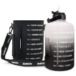 QuiFit 1 Gallon Water Bottle - with Straw & Motivational Time Marker Leak-Proof BPA Free Reusable Gym Sports Outdoor Large(128OZ) Capacity Water Jug(Gray/Black with Sleeve,1 Gallon)