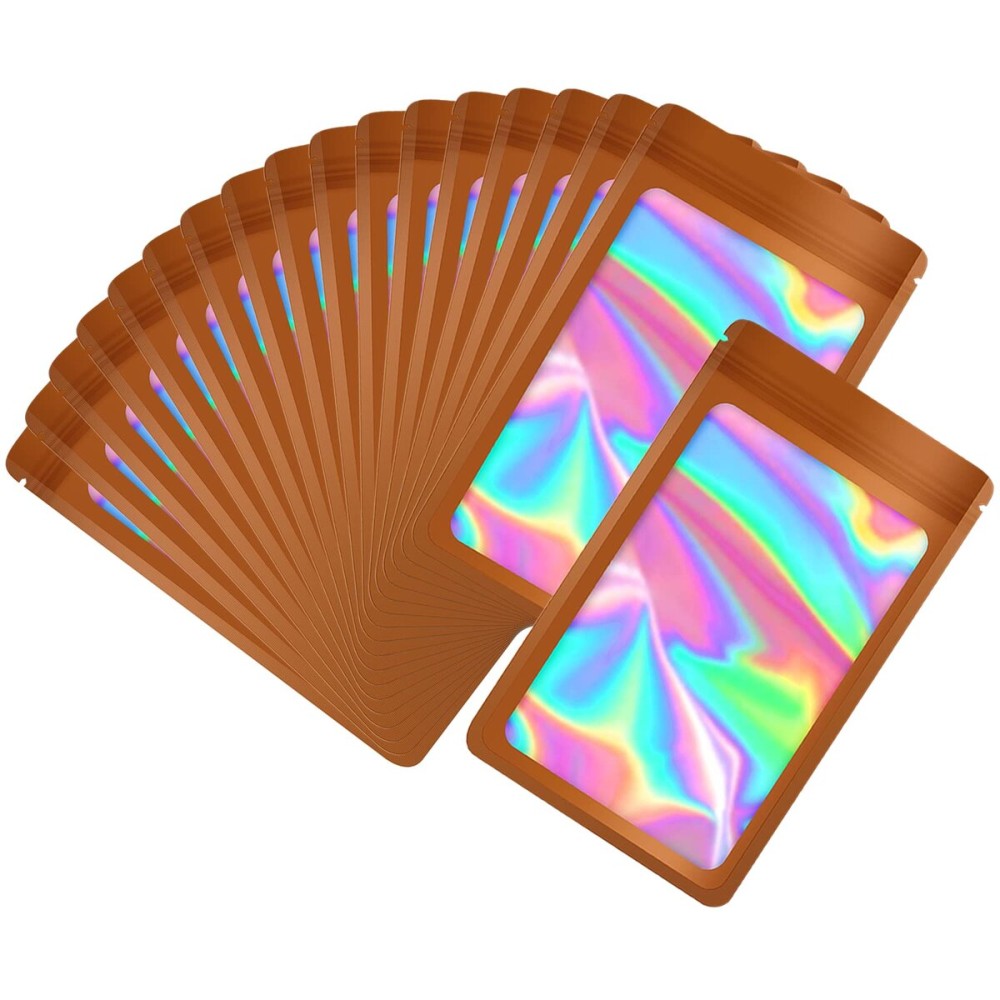 EONJOE 100-pack 44 inch mylar bags with clear window holographic resealable sealable packaging zip bag for small bussiness jewelry candy sample food packing supplies brown