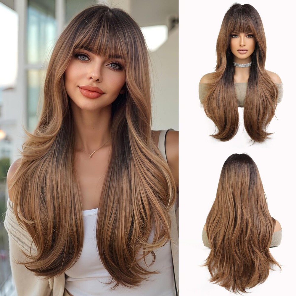 Esmee Long Wavy Ombre Brown Wigs for Women Natuaral Synthetic Hair Wig with Fringe for Daily Party Cosplay Use-24 Inches