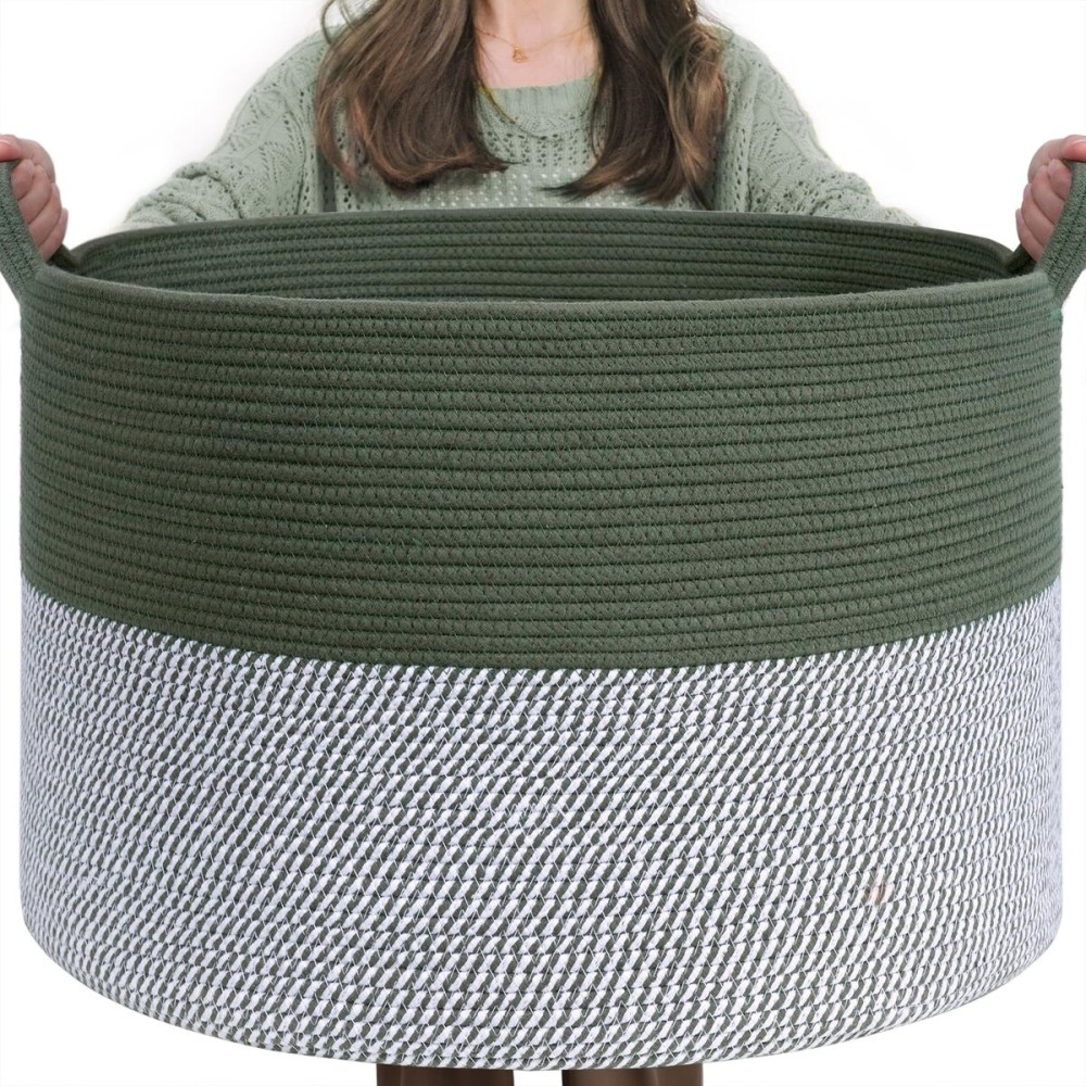 INDRSSME Large Laundry Storage Basket, 21.7 x13. 8 - Decorative Rope Blanket Basket for Organizing Bedroom, Living Room, Nursery, Toy Storage for Colthes Towel, Empty Gift Baskets -Green