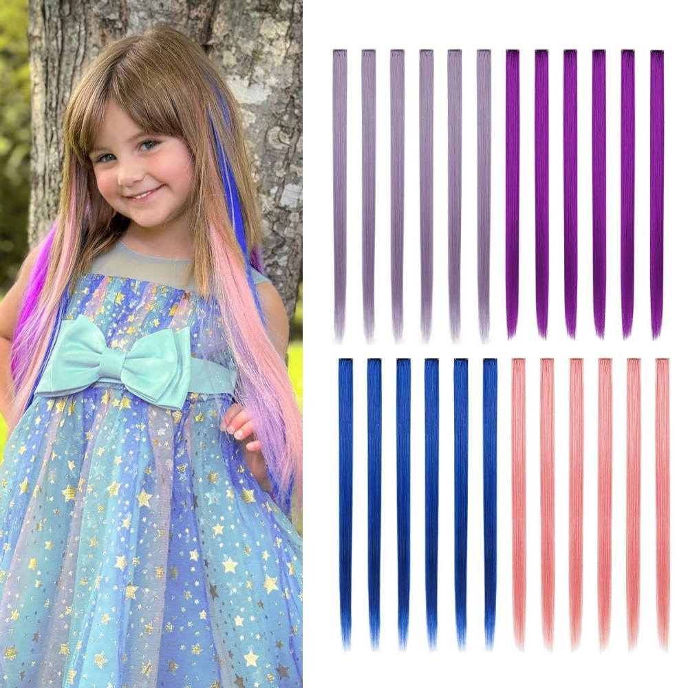 Dreamlover Straight Hair Extensions for Women, Colored Clip-in Hair Extensions for Girls, 4 Colors, 24 Pieces