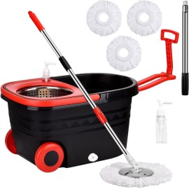 Spin Mop and Bucket with Wringer Set on Wheels, 360 Spinning Mop Bucket System with 3 Microfiber Mop Replacement Heads and 61 Stainless Steel Adjustable Handle for Floor Cleaning (25QT)