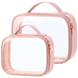 PACKISM Clear Makeup Bag 1 Large 1 Medium - 2 Pack TSA Approved Toiletry Bag - 180 Large Opening Clear Makeup Bags with Handle, Toiletry Bags for Traveling Travel Essentials, Rose Pink