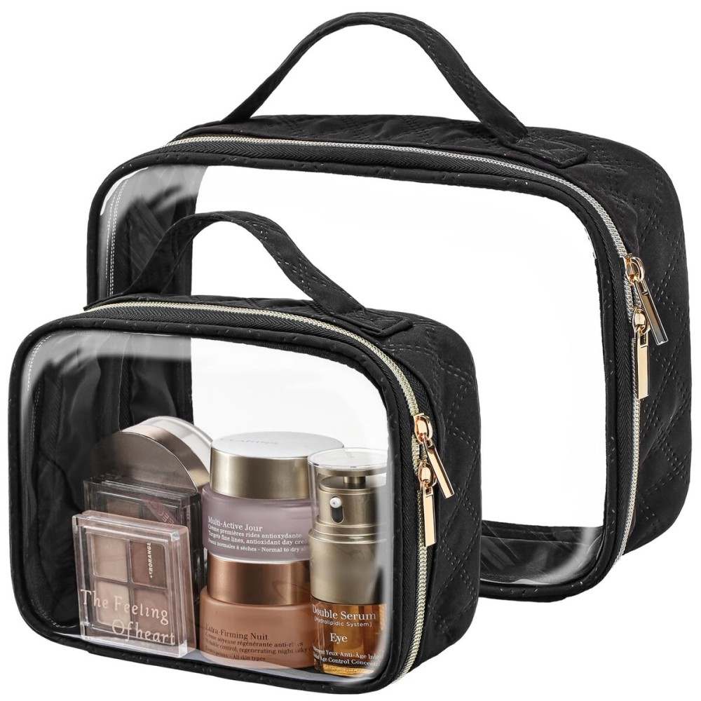 PACKISM Clear Makeup Bag - 2 Pack TSA Approved Toiletry Bag with Handle Large Opening, Clear Toiletry Bag Travel Bags for Toiletries, 1 Medium TSA Quart Carry-On & 1 Large for Checked Luggage, Black
