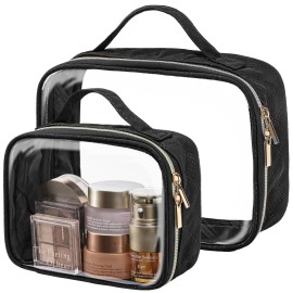 PACKISM Clear Makeup Bag - 2 Pack TSA Approved Toiletry Bag with Handle Large Opening, Clear Toiletry Bag Travel Bags for Toiletries, 1 Medium TSA Quart Carry-On & 1 Large for Checked Luggage, Black