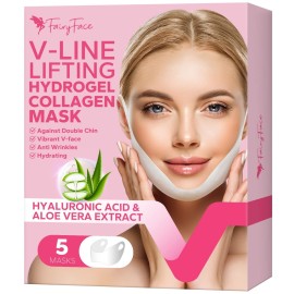 MCOMCE FairyFace V Line Shaping Face Masks (5 Count), Double Chin Reducer, Lifting Hydrogel Collagen Mask with Aloe Vera and Seaweed, Anti-Aging and Anti-Wrinkle