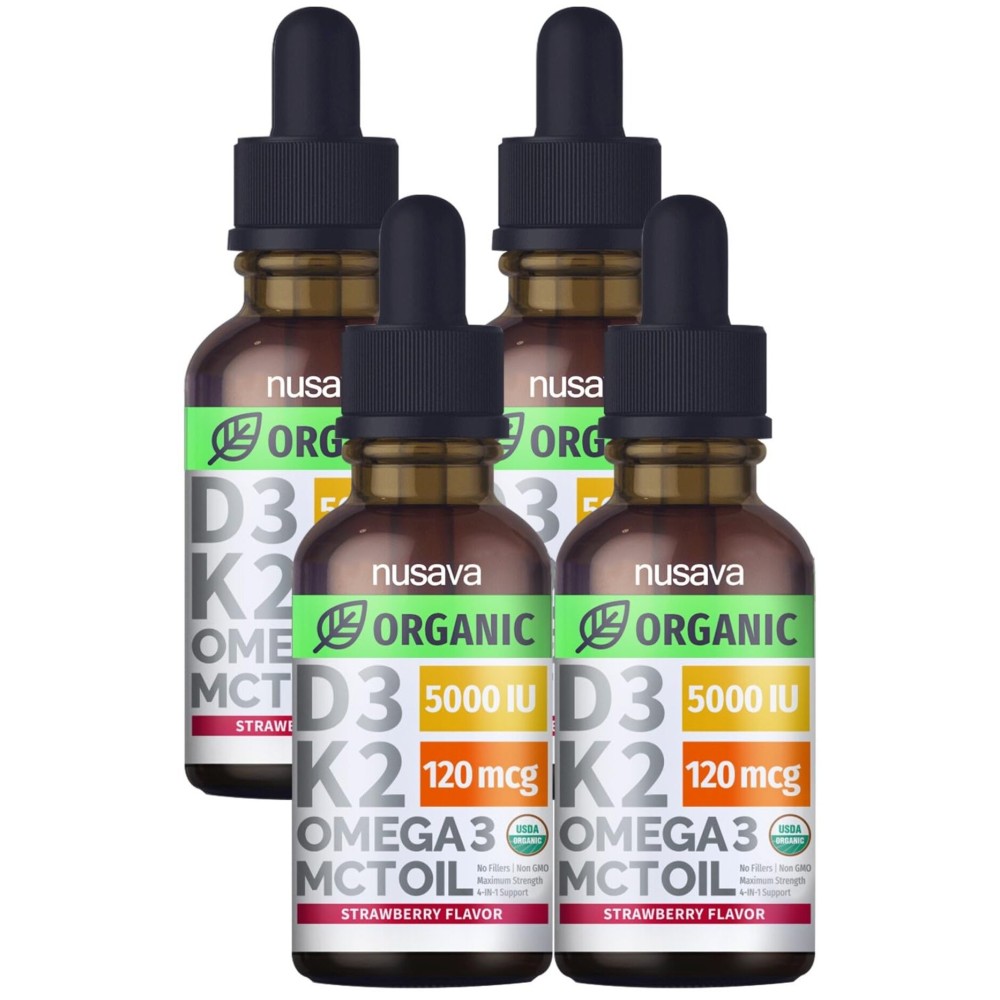 (4 Pack) Organic Vitamin D3 K2 Drops with MCT Oil Omega 3, 5000 IU - Maximum Strength Vitamin D Liquid, No Fillers, Non-GMO Liquid D3 for Faster Absorption and Immune Support (Strawberry, 4 Fl Oz)