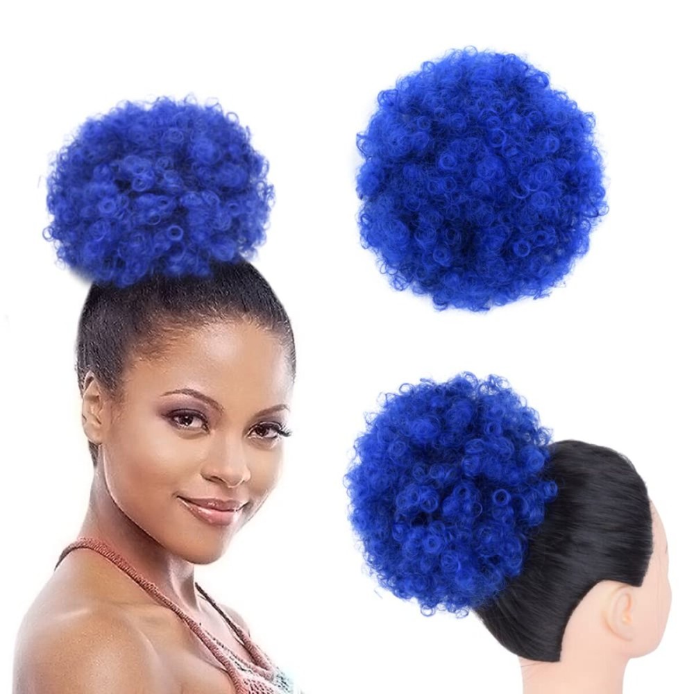 Yinmei Baibian Ombre Blue Afro Puff Drawstring Ponytails for Black Women Kinky Curly High Puffs Synthetic Bun Hair Pieces Updo Clip in on Hair Extension(T1B-Blue)