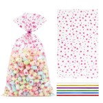COQOFA 100 Pcs Pink Star 5X11 Gift Wrap Cello Cellophane Treat Bags Clear Candy Cookie Goodie Storage Bags with Twist Ties for Baby Shower, Gender Reveal, Birthday, Wedding, Party Decorations (Pink)