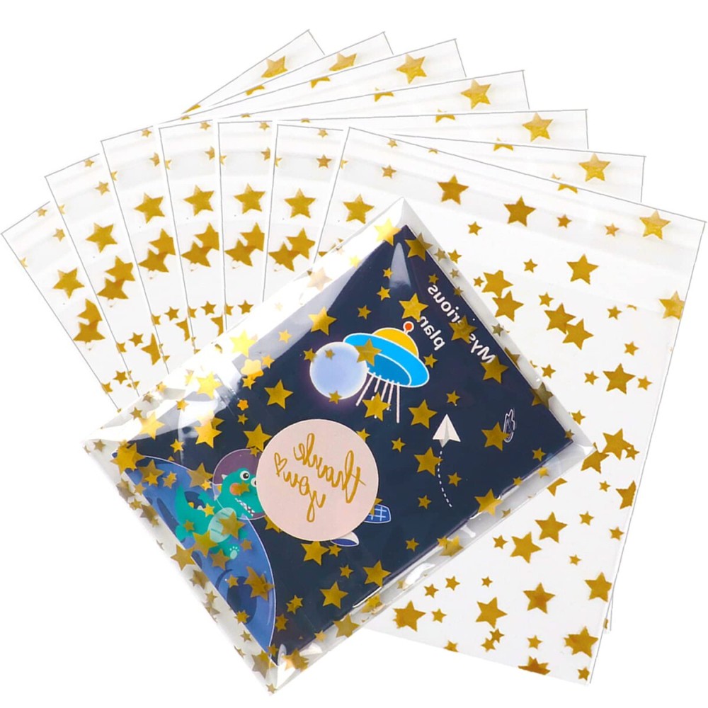 COQOFA 100 Pcs Star Printed Sealable Gift Wrap Cello Cellophane Bags Self sealing Adhensive Treat Bags Party Favor bags (5x7inch, Gold)