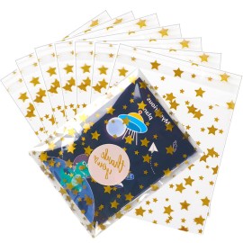 COQOFA 100 Pcs Star Printed Sealable Gift Wrap Cello Cellophane Bags Self sealing Adhensive Treat Bags Party Favor bags (5x7inch, Gold)
