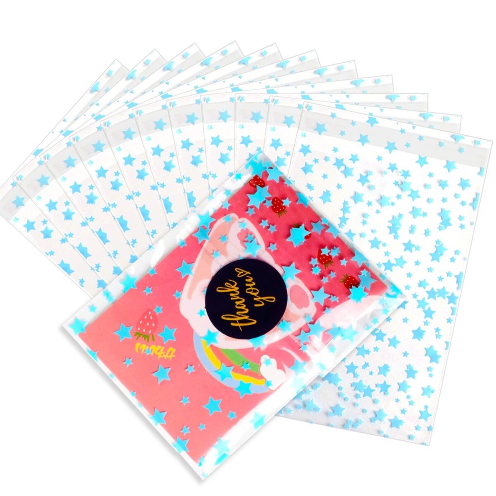 COQOFA 100 Pcs Star Printed Sealable Gift Wrap Cello Cellophane Bags Self sealing Adhensive Treat Bags Party Favor bags (4x6inch, Blue)
