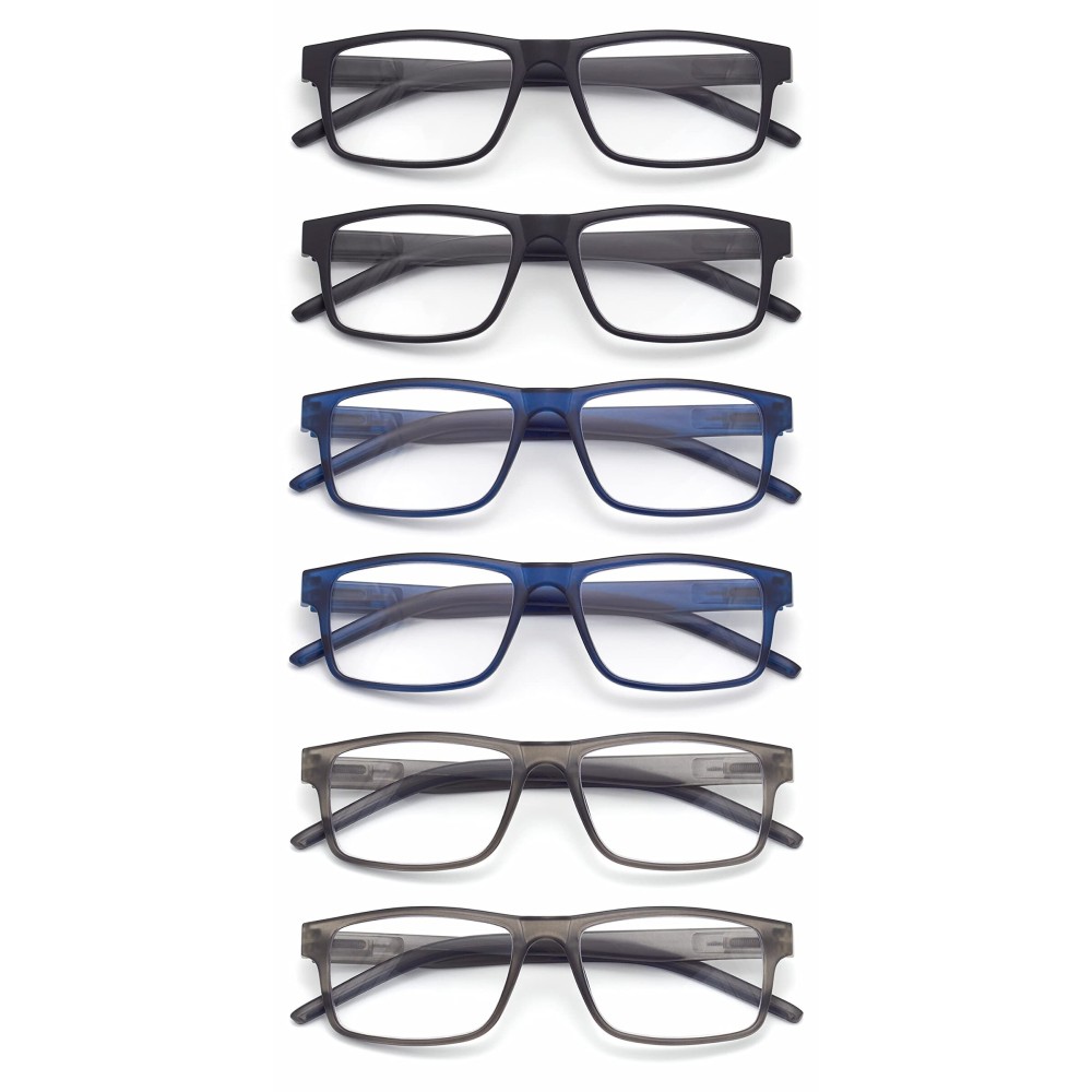 Colloddiss 6-Pack Reading Glasses for Men Women, Spring Hinge Readers Glasses, Blue Light Blocking Eyeglasses SR20523, 2 Black 2 Blue 2 Gray 2.0 x