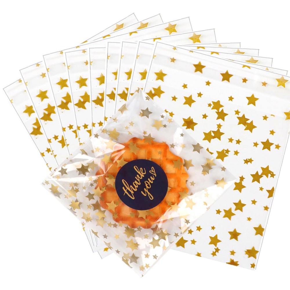 COQOFA 100 Pcs Star Printed Sealable Gift Wrap Cello Cellophane Bags Self sealing Adhensive Treat Bags Party Favor bags (4x4inch, Gold)