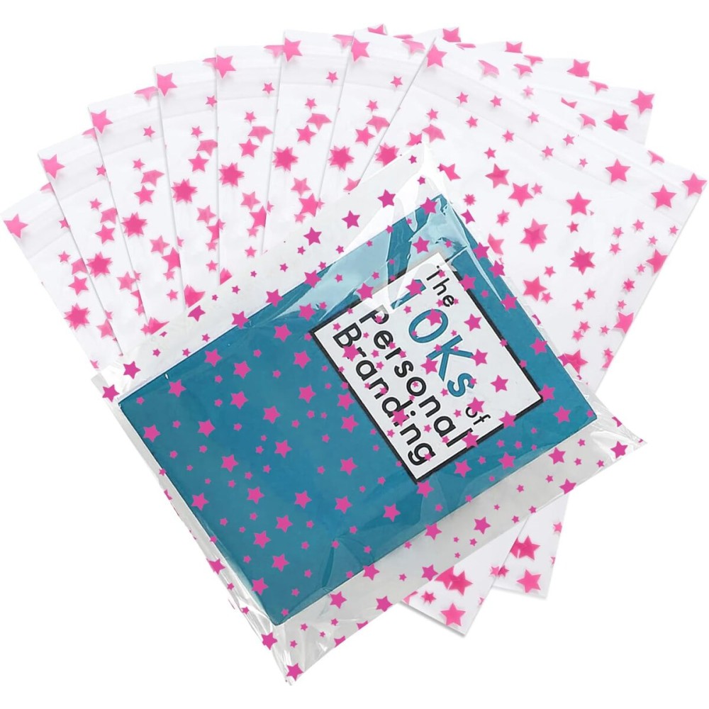 COQOFA 100 Pcs Star Printed Sealable Gift Wrap Cello Cellophane Bags Self sealing Adhensive Treat Bags Party Favor bags (7x10inch, Pink)