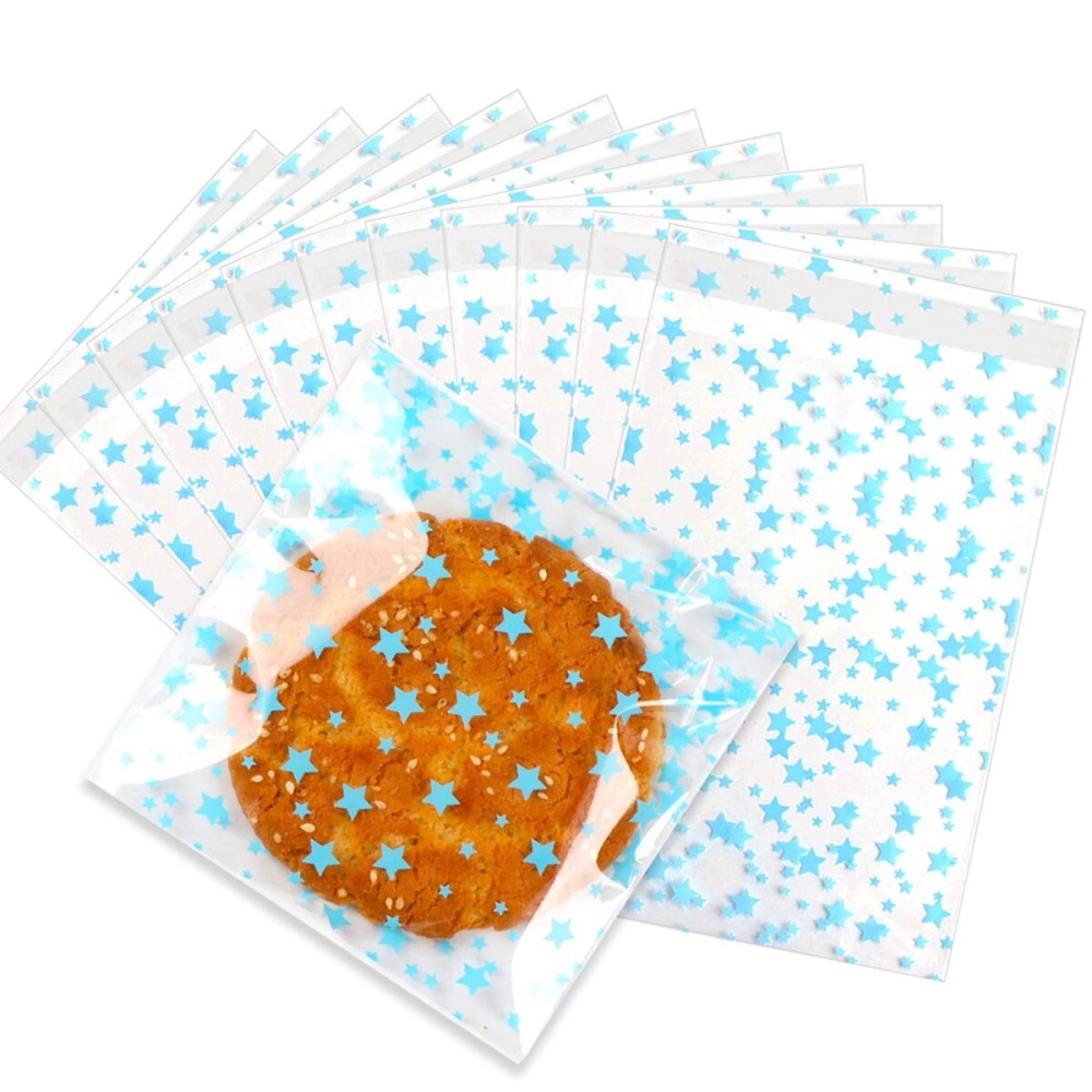 COQOFA 100 Pcs 5x7 In Star Self-Sealing Cellophane Treat Bags, Clear Cookie Bags Candy Bags Resealable Cellophane Gift Bags Goodie Bags Plastic Party Favor Bags for Wedding,Birthday,Baby Shower (Blue)