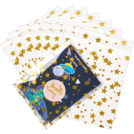 COQOFA 100 Pcs Star Printed Sealable Gift Wrap Cello Cellophane Bags Self sealing Adhensive Treat Bags Party Favor bags (4x6inch, Gold)