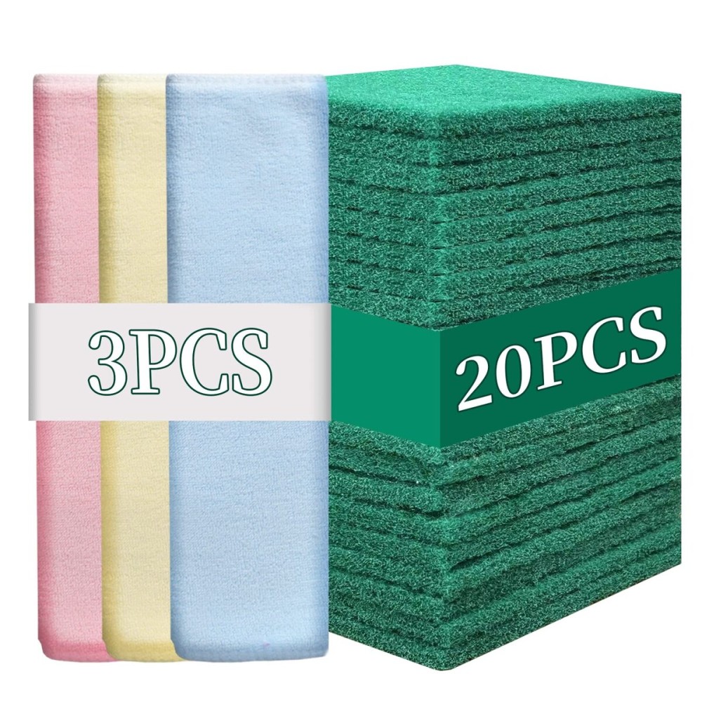 GUEICN Heavy Duty Scour Pads Sponge Dish Scrubber Non-Scratch Green Reusable Household Scrub Pads for Kitchen and Dish Cleaning Tool (20Pcs Sponge+3Pcs Clean Towel)