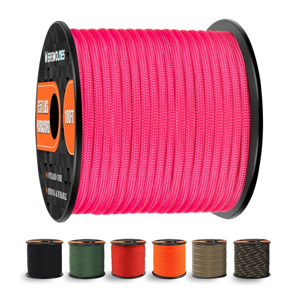 WEREWOLVES 650lb Paracord/Parachute Cord - 9 Strand Paracord Rope - 100\', 200\' Spools of Parachute Cord, Type III Paracord for Camping, Survival (Neon Pink, 100 Feet)