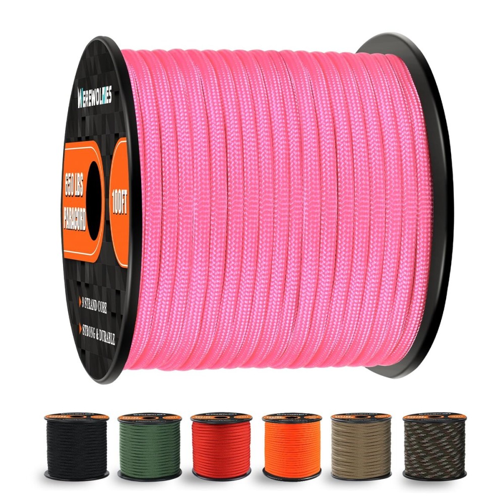 WEREWOLVES 650lb Paracord/Parachute Cord - 9 Strand Paracord Rope - 100\', 200\' Spools of Parachute Cord, Type III Paracord for Camping, Survival (Pink, 100 Feet)