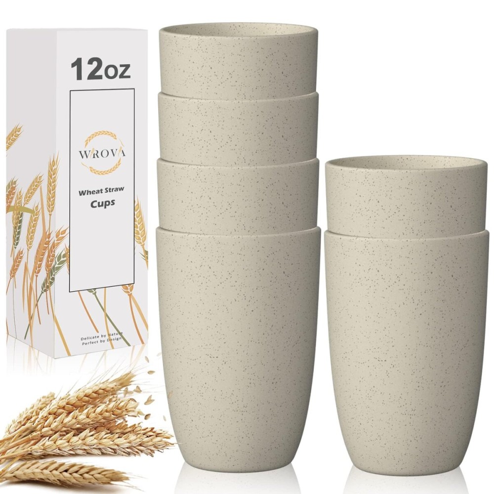 Wrova Wheat Straw Cups 6 PCS Good Alternative to Plastic Reusable Cups 12 oz Unbreakable Drinking Cup Reusable Dishwasher Safe Water Plastic Glasses Beige