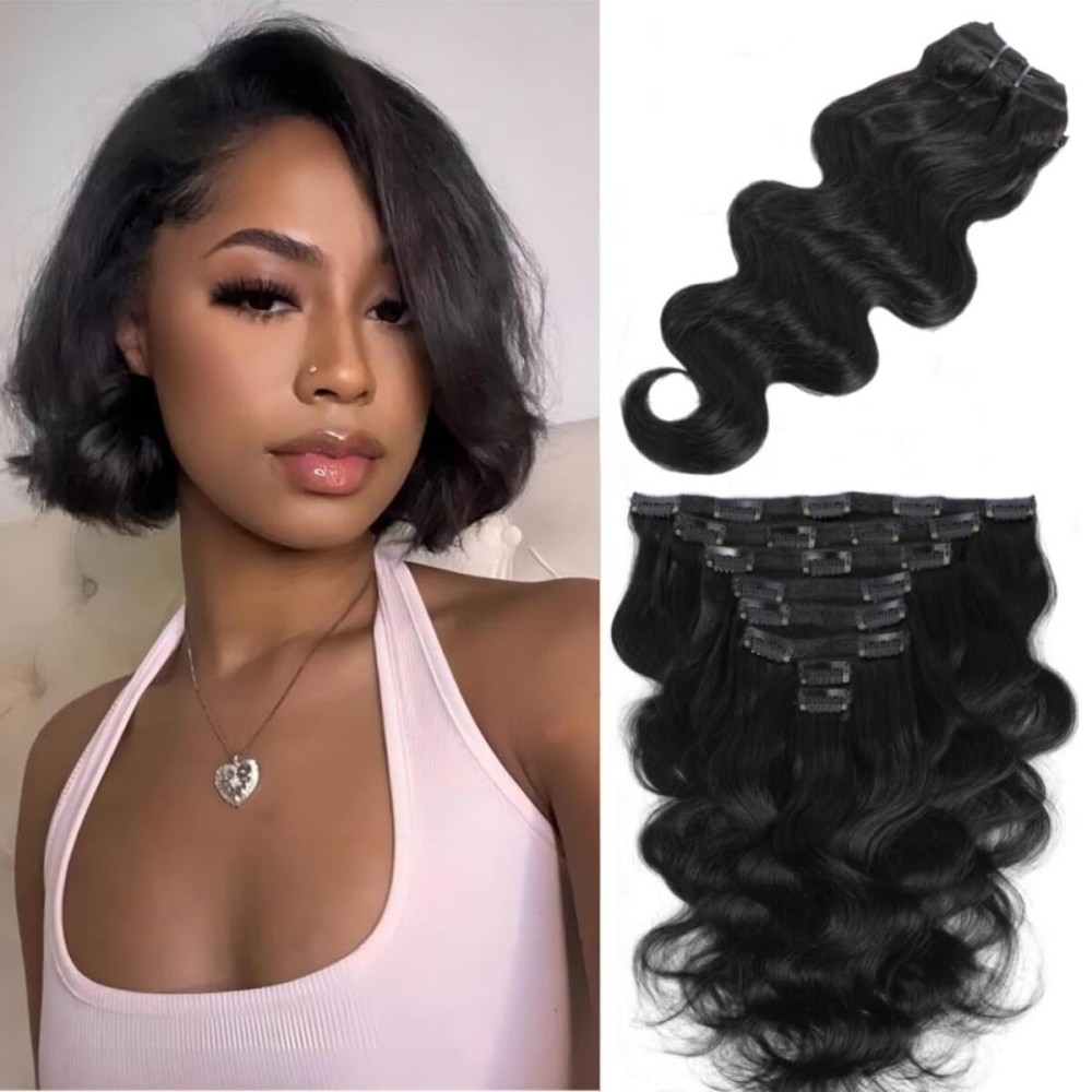 LUMIERE Clip In Hair Extensions Real Human Hair - 8 Inch Glueless Body Wave Hair Extensions Clip Ins 110g Grade 10A Brazilian Remy Hair 8Pcs With 20Clips Bob Hair Thick and Soft Natural Black