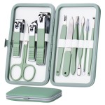 HANTEKAS Manicure Set 10 in 1 Stainless Steel, Nail Clippers Scissors Pedicure Tools Kit - Portable Travel Grooming Kit for Men and Women with Leather Case (Jade Green)