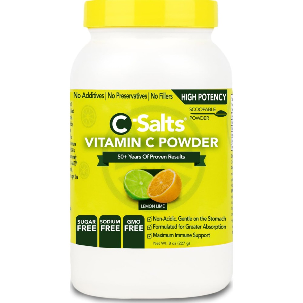 C-Salts Vitamin C Powder Supplement - 100% Pure High Dose Buffered Vitamin C Powder for Immune Support - Organic, Sugar-Free, Vegan, Non-GMO, Stomach-Friendly, Lemon Lime 8oz