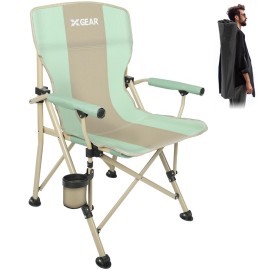 XGEAR Camping Chair with Padded Hard Armrest, Sturdy Folding Camp Chair with Cup Holder, Storage Pockets Carry Bag Included, Support to 400 lbs (1-Green)