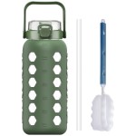 MUKOKO Half Gallon/64 oz Glass Water Bottles with Straw and Lid,Motivational Water Jug with Time Marker Reminder and Silicone Sleeve,100% Leakproof BPA Free Fitness Sports Large Bottle-Olive