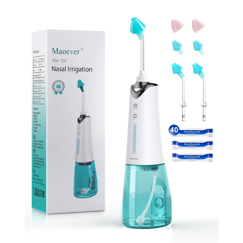 Nasal Irrigation System, Cordless Nasal Rinse Machine for Sinus Relief & Nasal Care, Electric Neti Pot with 6 Tips and 40 Salt Packs Nasal Irrigation Sinus Rinse System Kit for Adult & Kid