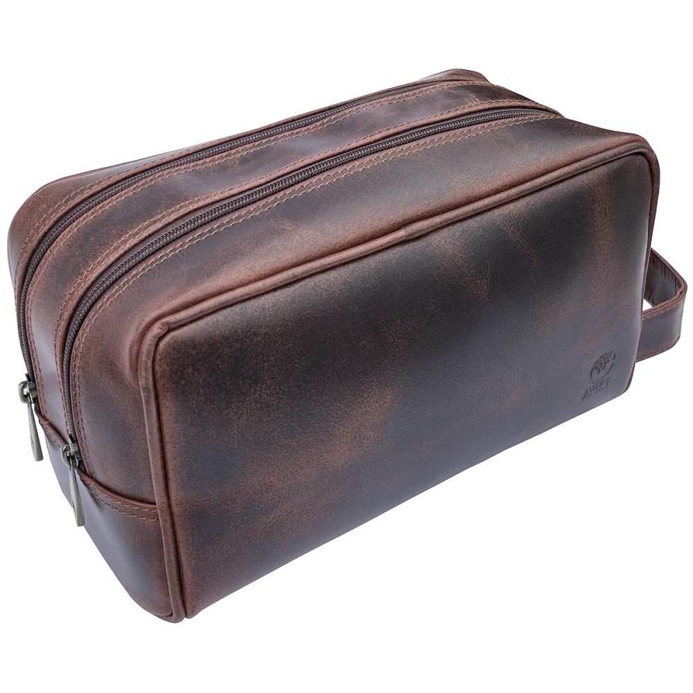 RUSTIC TOWN Leather Toiletry Bag for Men - Travel Shaving Ditty Kit - Bathroom Shower Toiletries Organizer - Leather Cosmetic Bag for Women (Walnut Brown)