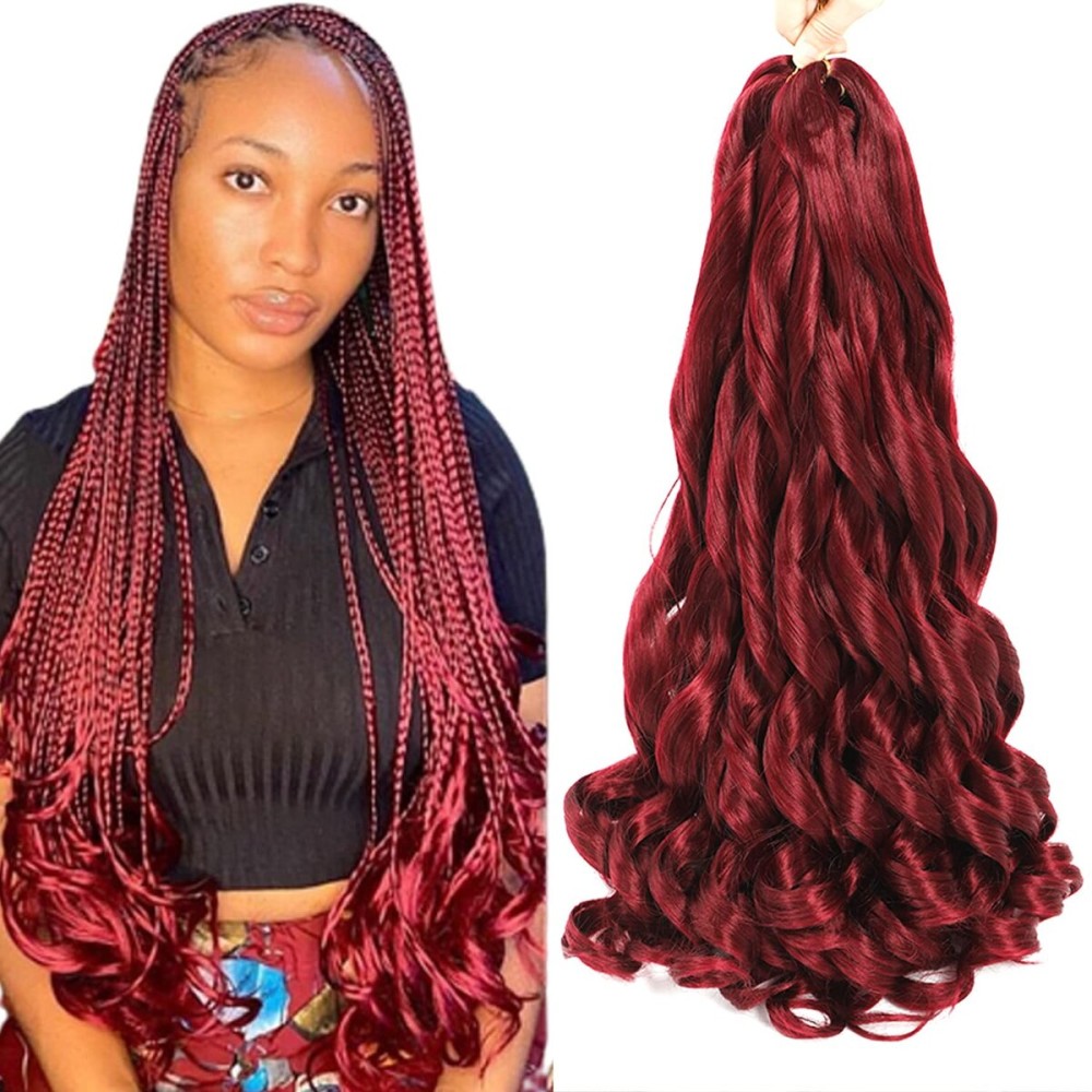 Conrora French Curly Braiding Hair 24 Inch 8 Packs Burgundy Color - Pre Stretched Bouncy Braiding Hair- Loose Wavy Synthetic Hair Extensions For Black Women (24 inch 8 packs, Burgundy)