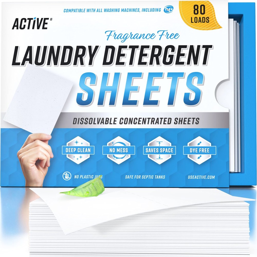 ACTIVE Laundry Detergent Sheets Eco Washing Strips - 80 Loads, Free & Clear Liquidless Clothes Washer Sheet, Zero Waste Travel Laundry Strip, Dissolvable Space Saving Sheets For HE - Fragrance Free