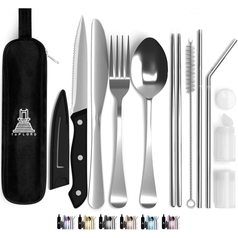 Taplord Portable Travel Silverware Set With Case, Includes 10 Pcs of Travel Utensils With Case, Stainless Steel Flatware Set For Camping, Lightweight (Silver)