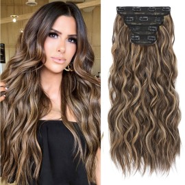 REECHO Hair Extensions, 4PCS Clip in Hair Extensions HE001 Natural Soft Synthetic Hairpieces for Women, Chocolate Brown with Blonde Highlights