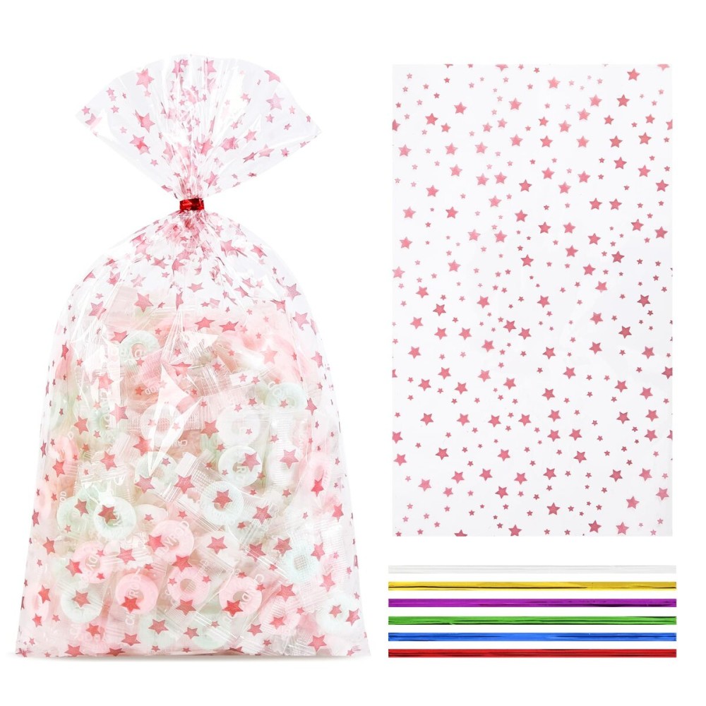 COQOFA 100 Pcs 7X12 Cello Cellophane Gift Treat Bags Party Favor bags Clear Candy Cookie Bags Plastic Poly Goodie Storage Bags with Twist Ties for Wedding Birthday Party Valentines Day Supplies Rose