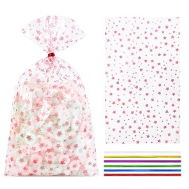 COQOFA 100 Pcs 7X12 Cello Cellophane Gift Treat Bags Party Favor bags Clear Candy Cookie Bags Plastic Poly Goodie Storage Bags with Twist Ties for Wedding Birthday Party Valentines Day Supplies Rose