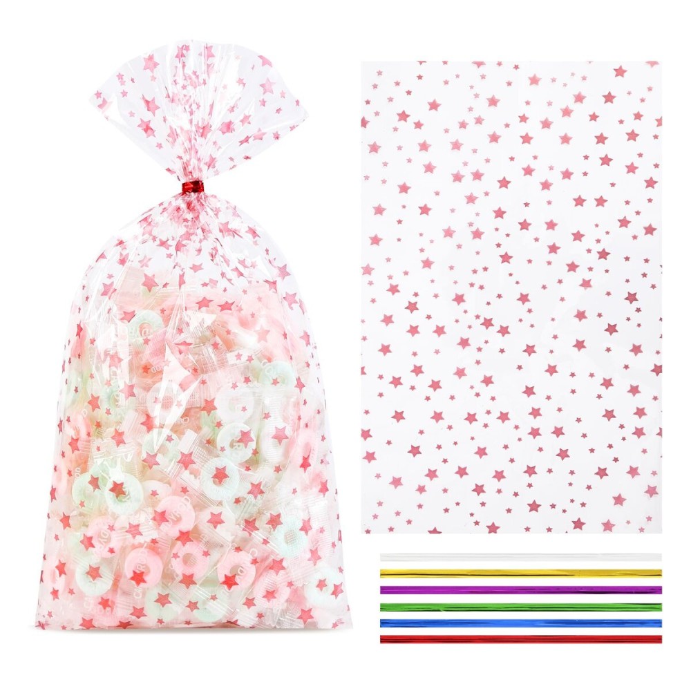 COQOFA 100 Pcs 5X11 Rose Gold Star Wedding Gift Wrap Cello Cellophane Treat Bags Party Favor bags Clear Candy Cookie Bags Plastic Poly Goodie Storage Bags with Twist Ties for Baby Shower Birthday Bride shower Party Supplies
