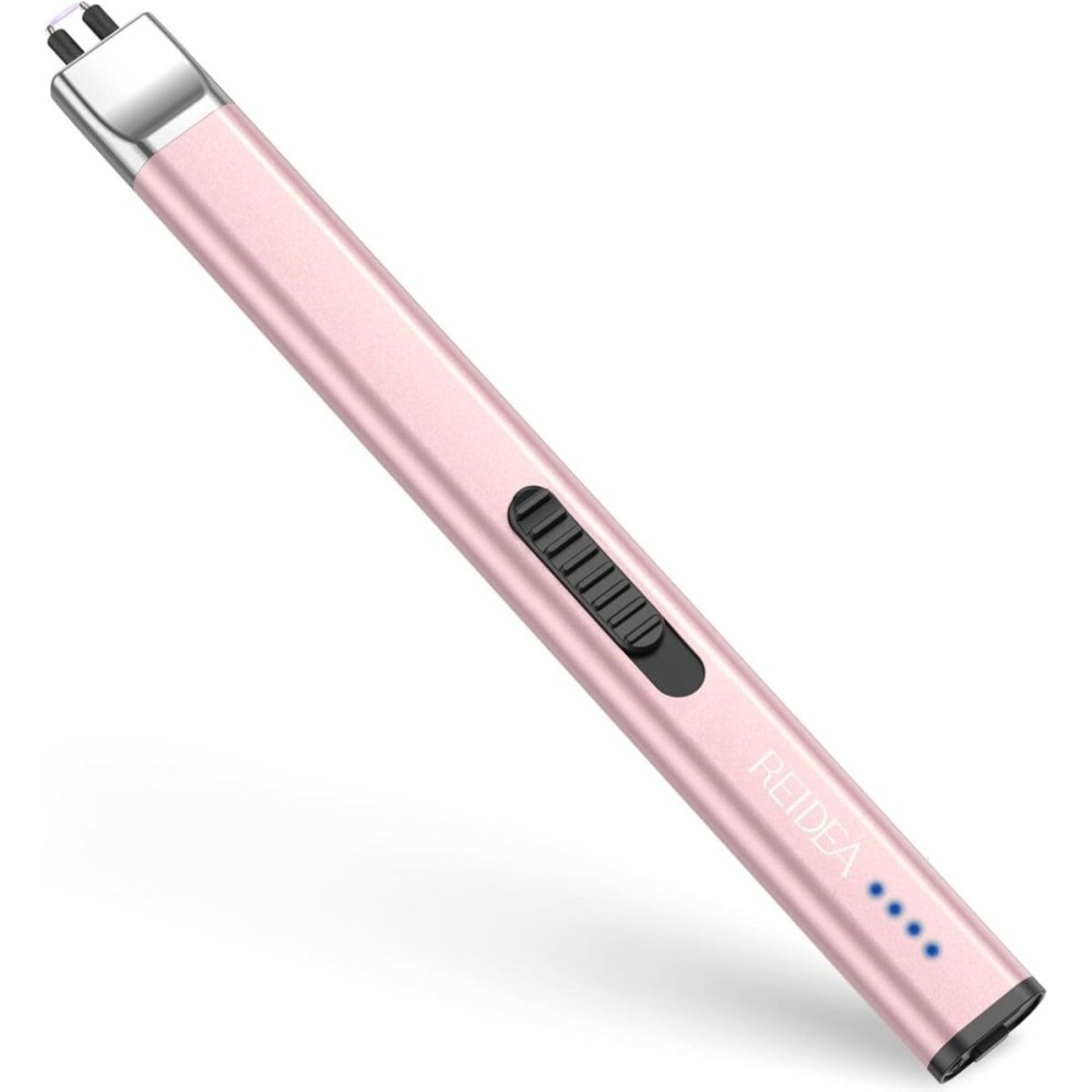 REIDEA Electric Lighter R1 Flat Candle Lighter, Windproof Flameless USB Rechargeable Arc with Safe Button and Power Indicator for Candle, BBQ and Fireworks, Rose Gold