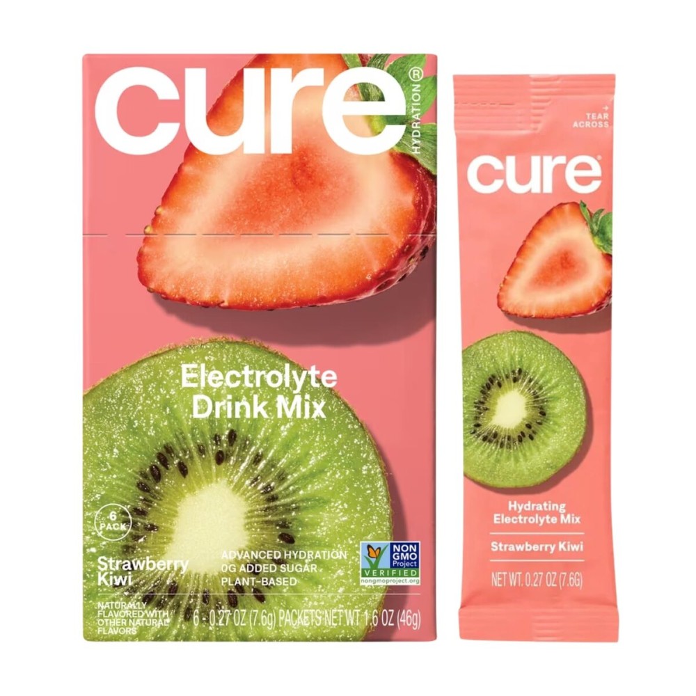 Cure Hydration Plant-Based Electrolyte Drink Mix | No Added Sugar | Dehydration Relief | Coconut Water Powder | FSA-HSA Eligible | Non-GMO, Vegan | 8 Packets - Strawberry Kiwi
