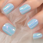 EchiQ Light Blue Laser Press On Nails, Mirror Like Fake Nails, Metallic Short Medium Squoval, Square Cute Acrylic Full Cover False Nails, Daily Date for Women Girls Faux Ongles 24 pcs/kit