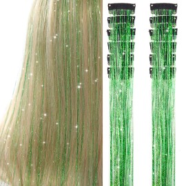 Hair Tinsel Pack of 12 Pcs Clip in Hair Tinsel 20 Inch Glitter Green Tinsel Hair Extensions, Festival Tinsel Fairy Hair Party Dazzle Hair Accessories Strands Kit(12Pcs,Fruit green)