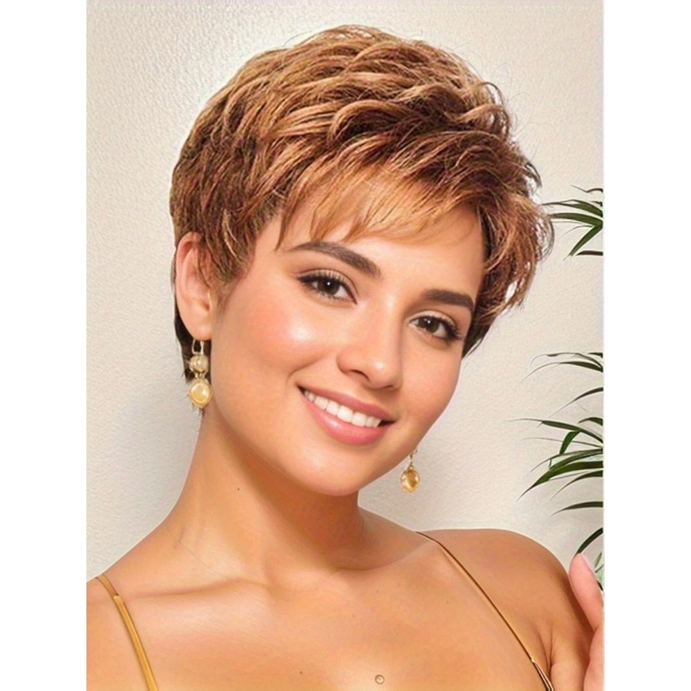 TISHINING Short Orange Red Mixed Blonde Highlight Pixie Cut Wigs for White Women Natural Wavy Synthetic Short Hair Wig with Bangs Natural Looking Layered Pixie Red Wigs for Women
