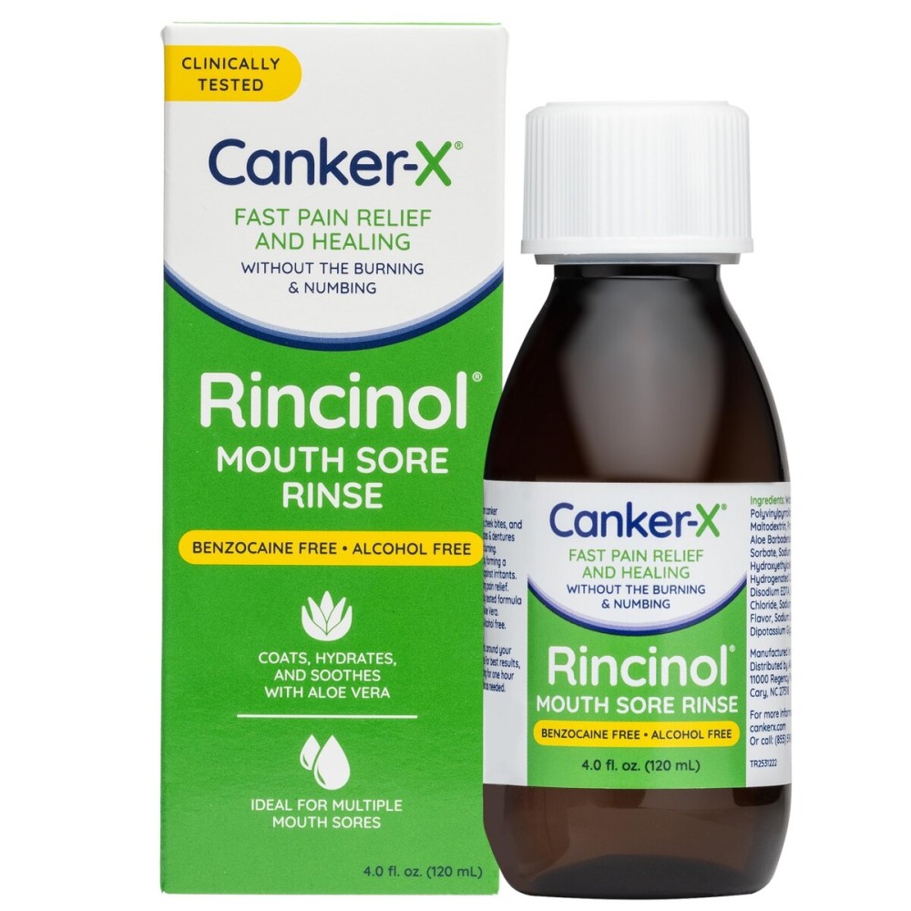 Canker-X Rincinol Oral Rinse Mouthwash, Quick Pain Relief from Canker Sores, Mouth Burns & More, Benzocaine Free & Alcohol Free Mouthwash, Adults & Kids 6+ Years, 4.0 Fl. Oz.